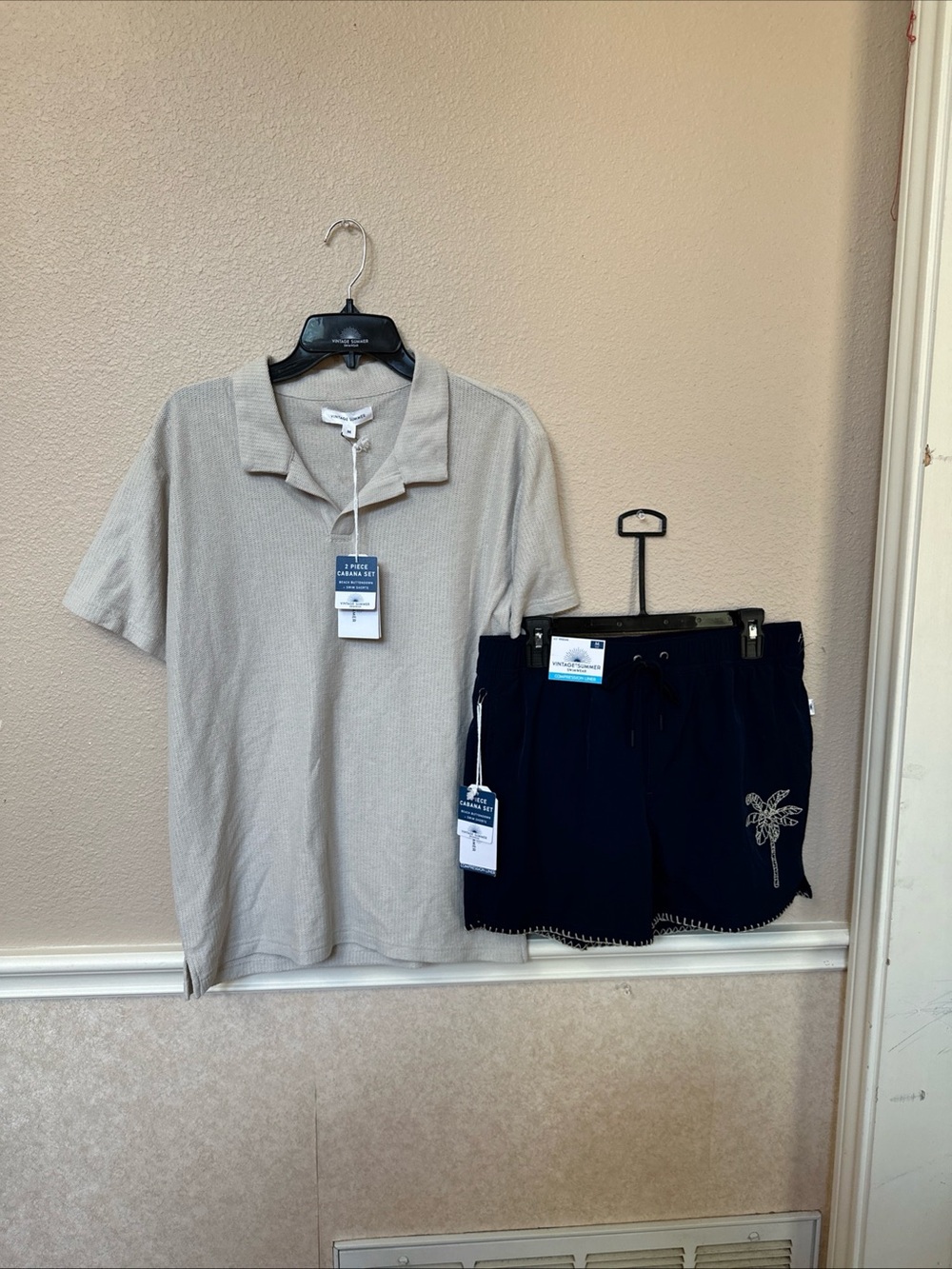 Vintage Summer Men's swimwear set embroidered shorts and polo shirt Size M